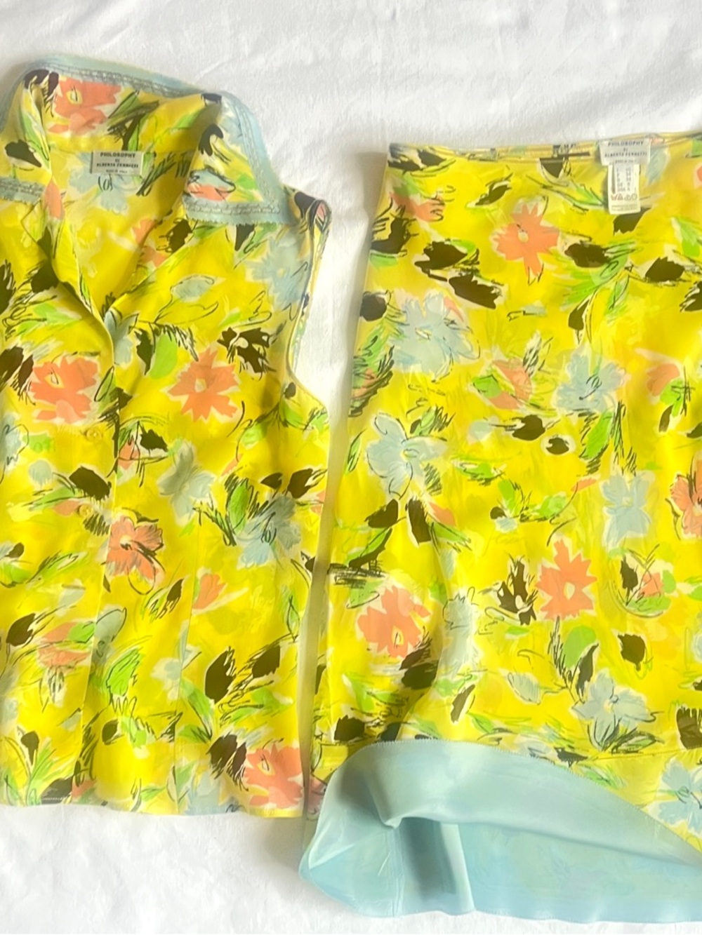 Vintage 90s Philosophy Alberta Ferretti 2pc Silk Set Top & Skirt yellow IT40 Sz4